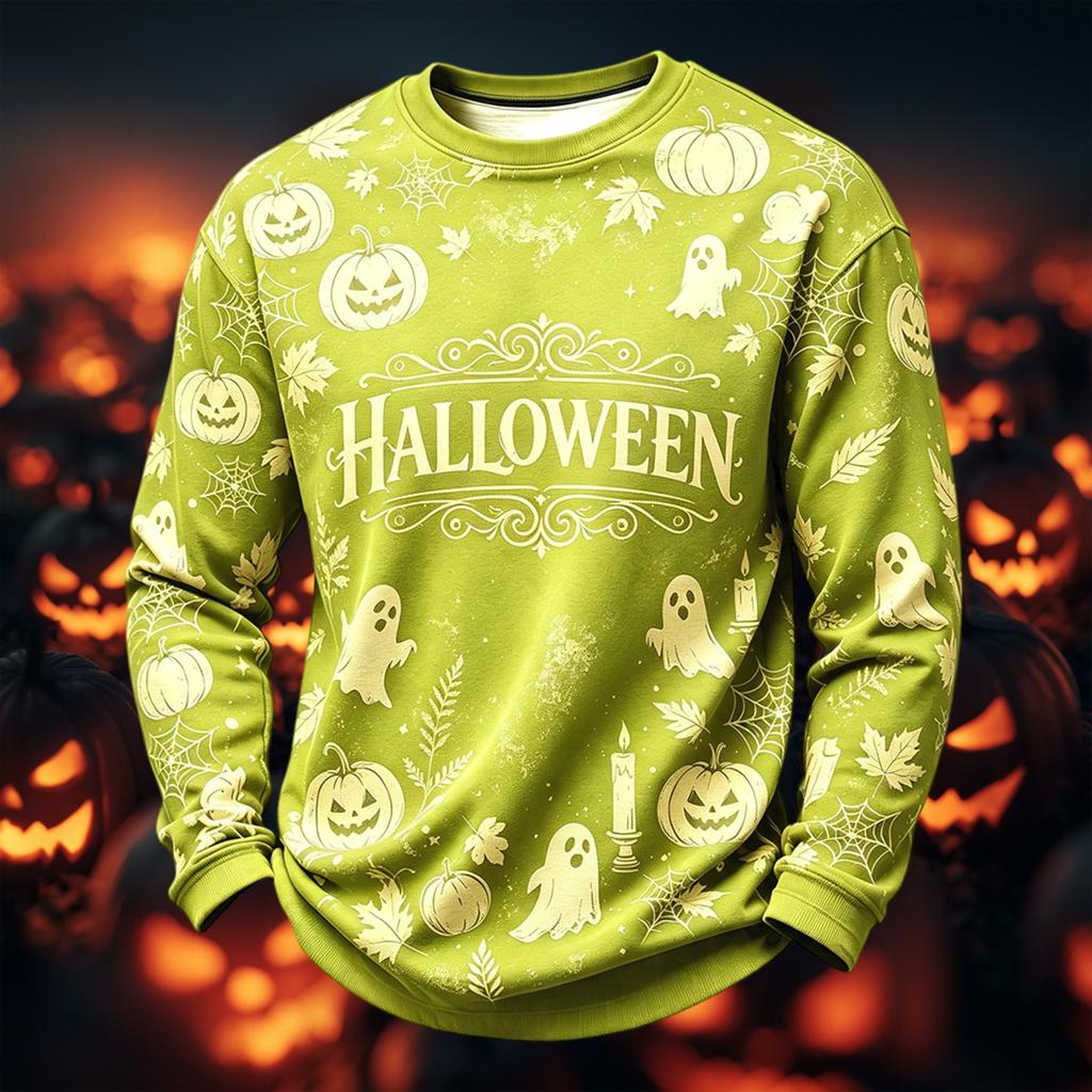 Men's Casual Round Neck Long Sleeve Top with Halloween Print