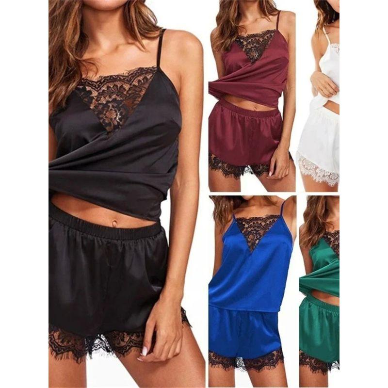

Lace Camisole Shorts Pajama Set Lace Suspender Shorts Pajamas Suit Black L(L)
