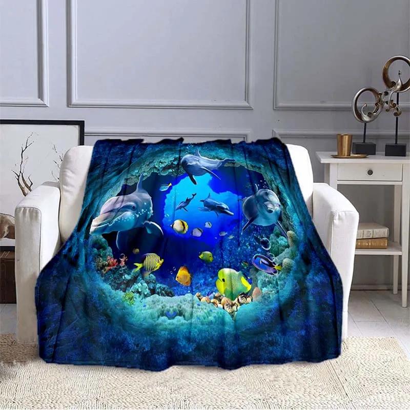 Ocean Dolphin Pattern Blanket Sofa Blankets for Beds Super Soft Warm Blanket Cover Flannel Throw Blanket Lightweight King Size