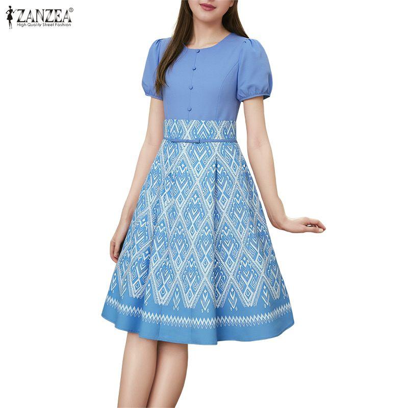 ZANZEA Women Print Patchwork Summer Casual Short Sleeve Dress