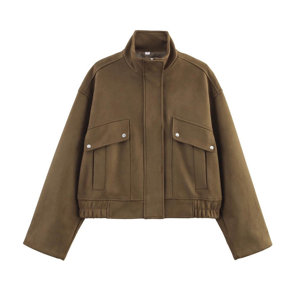 Women's Fashion Loose Zipper Stand Collar Suede Jacket