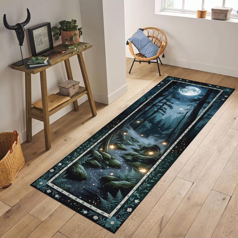 Forest Nature Theme Carpet Mat Rug Home Decoration Moonlight Tree Pattern Floor Area Rug Living Room Bedroom Dark Green