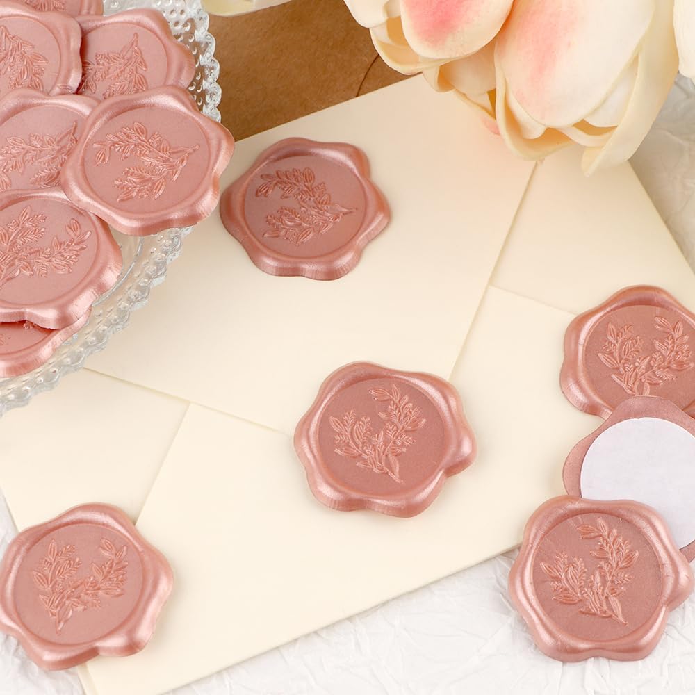 100Pcs Eucalyptus Wax Seal Stickers,Pink Self Adhesive Botanical Envelope Seal Stickers,Great for Gift Wrapping,Wedding Invitation,Greeting