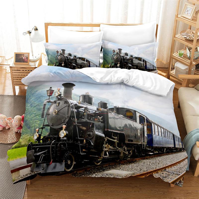 Train Duvet Cover Full Size Boys Steam Engine Bedding Set Microfiber 3D Rail Vehicles Comforter Cover For Boys Teens Room Decor