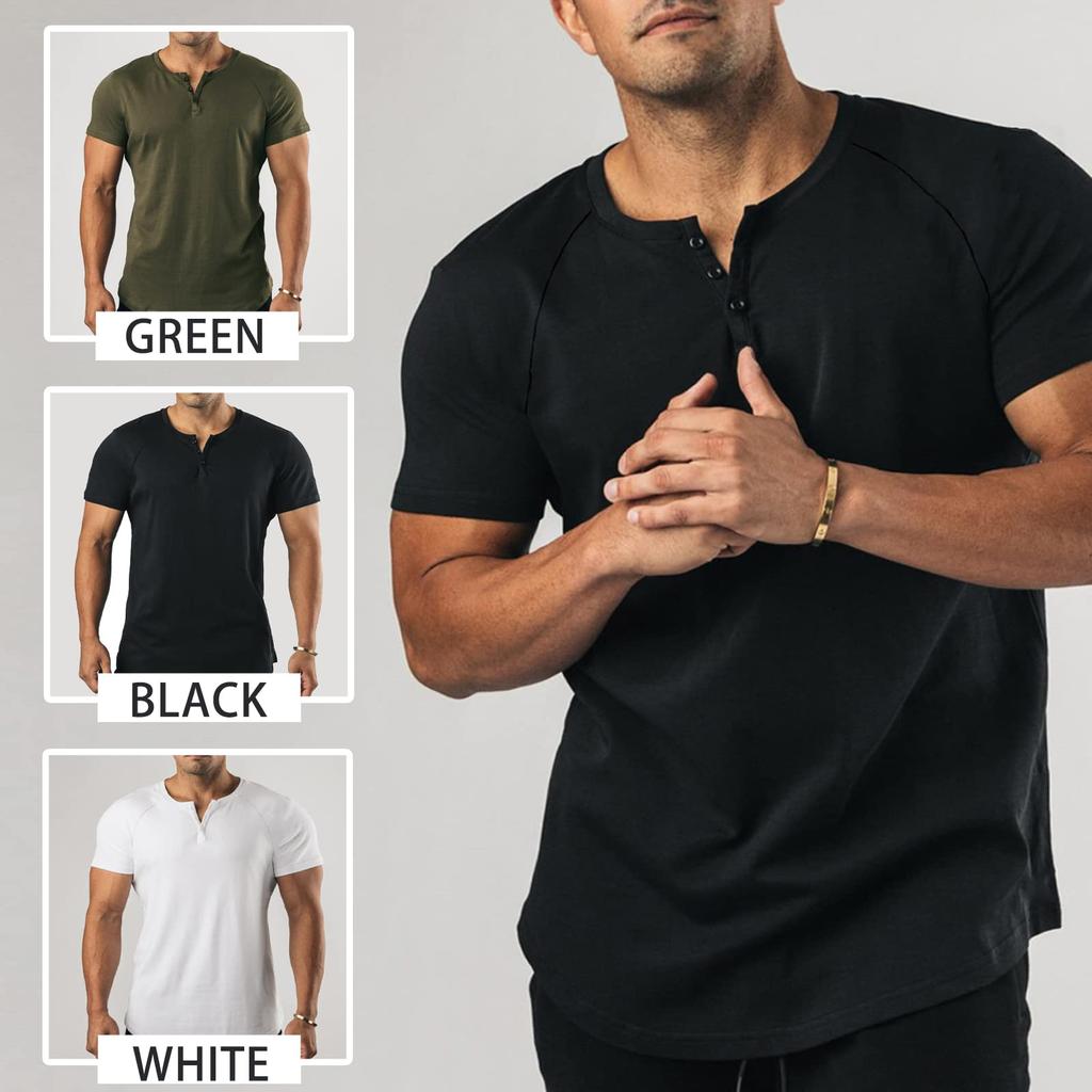 Manatsulife Short Sleeve Henley Raglan Round Solid Perfect for DT05 Men's T-Shirt, Neck, Sleeves, Button-Down, Neck, Layered, Color, Commuting, Golf,
