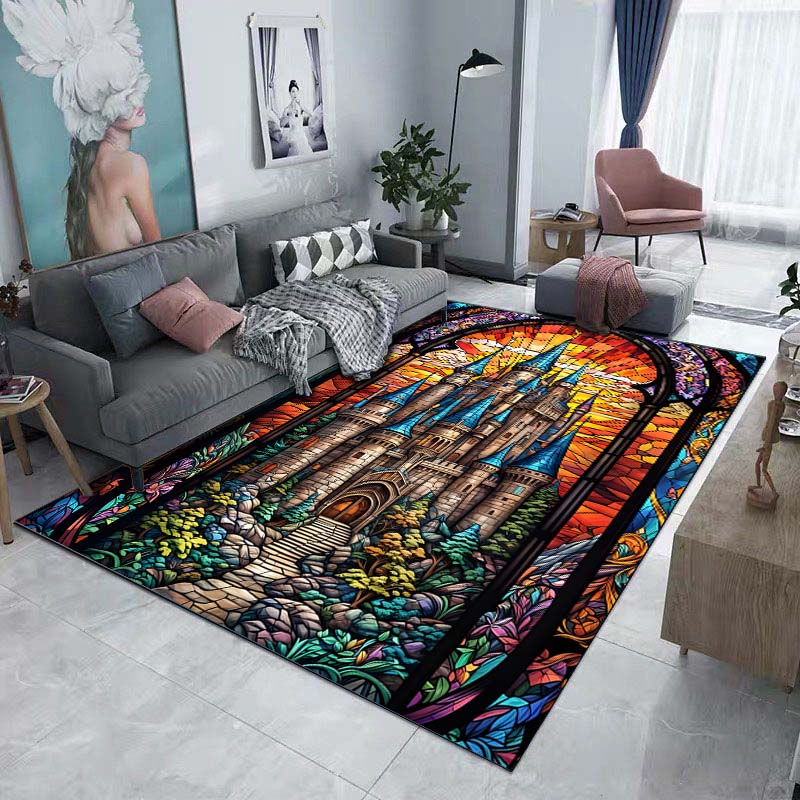 1PC Glass Window Castle Printed Carpet for Living Room Bedroom Bedside Bathroom Floor Mat Area Rugged Sofa Mat Home Decor