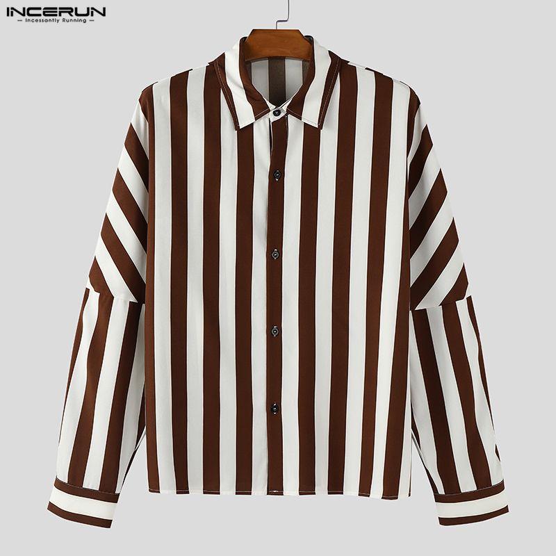 INCERUN Oversized Men Casual Lapel Neck Drop Shoulder Long Sleeve Striped Buttons Shirts Tops