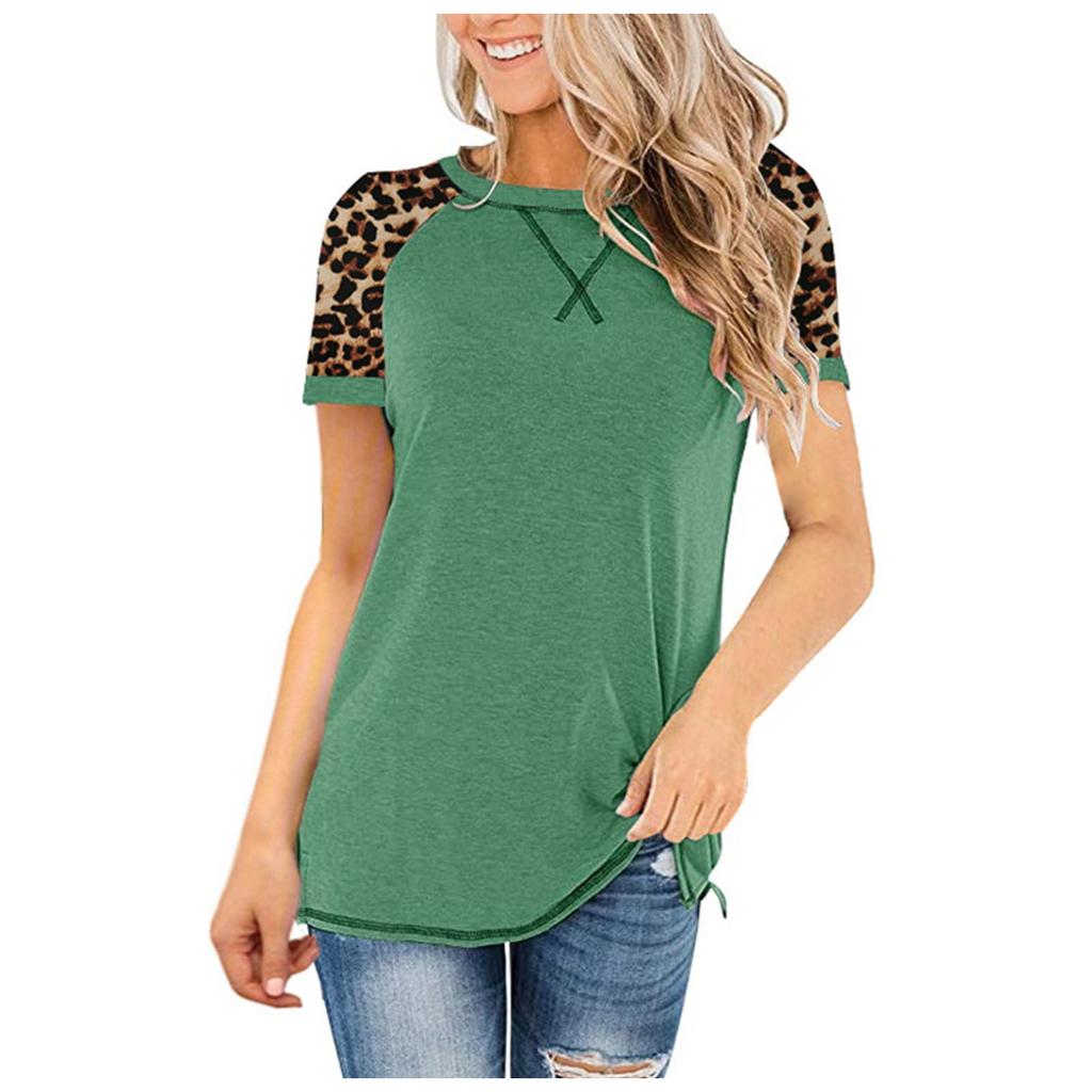 Fashion Womens Leopard Splicing Round Neck Casual Long Sleeve Tops