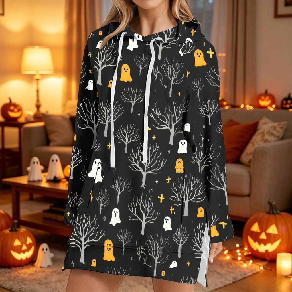 Women's Casual Long Sleeve Halloween Print Hoodie Pullover Top for Fall Festive Wear