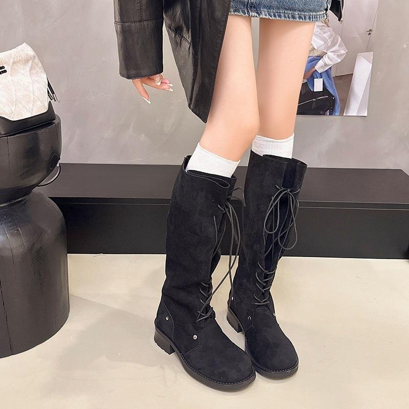 Temperament French autumn medium and tall thick heel boots lace-up locomotive boots and boots women's round head black no