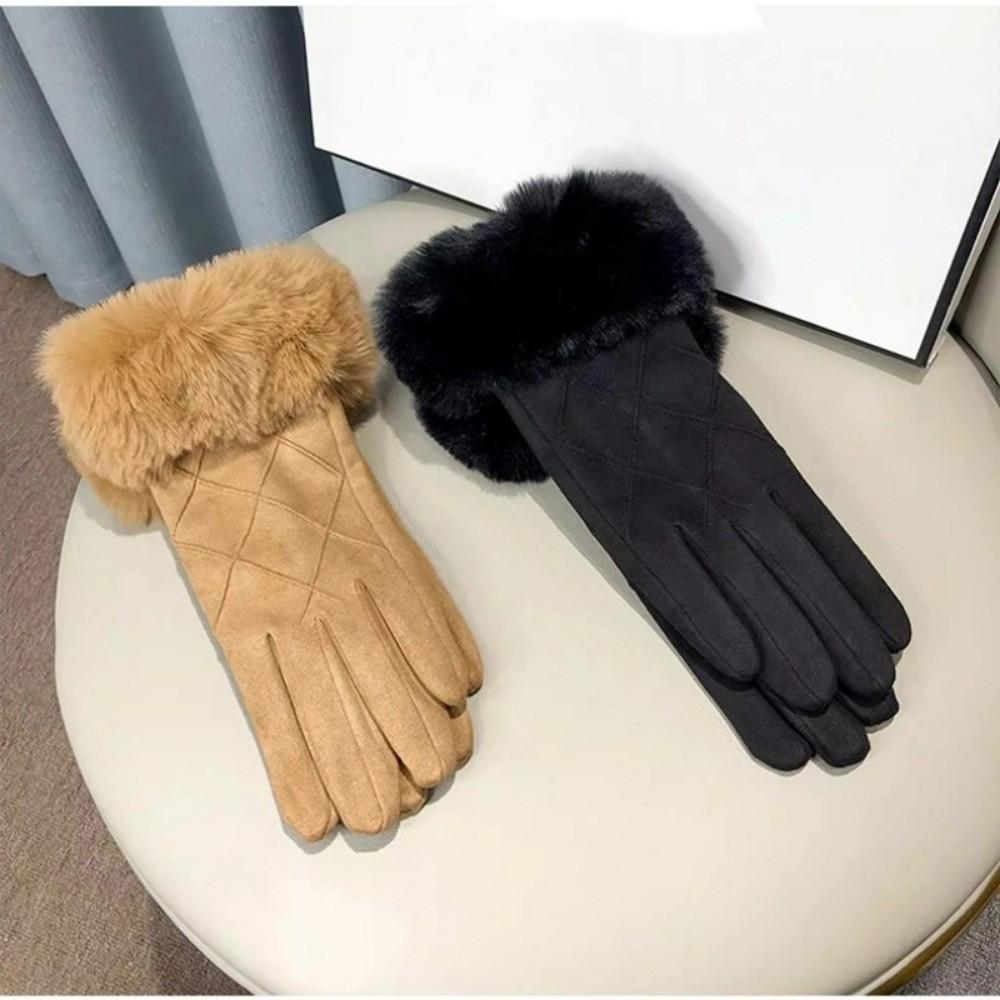 Winter Fleece-lined Gloves Plaid Cycling Mittens Elegant Touch Screen Gloves  Keep Warm