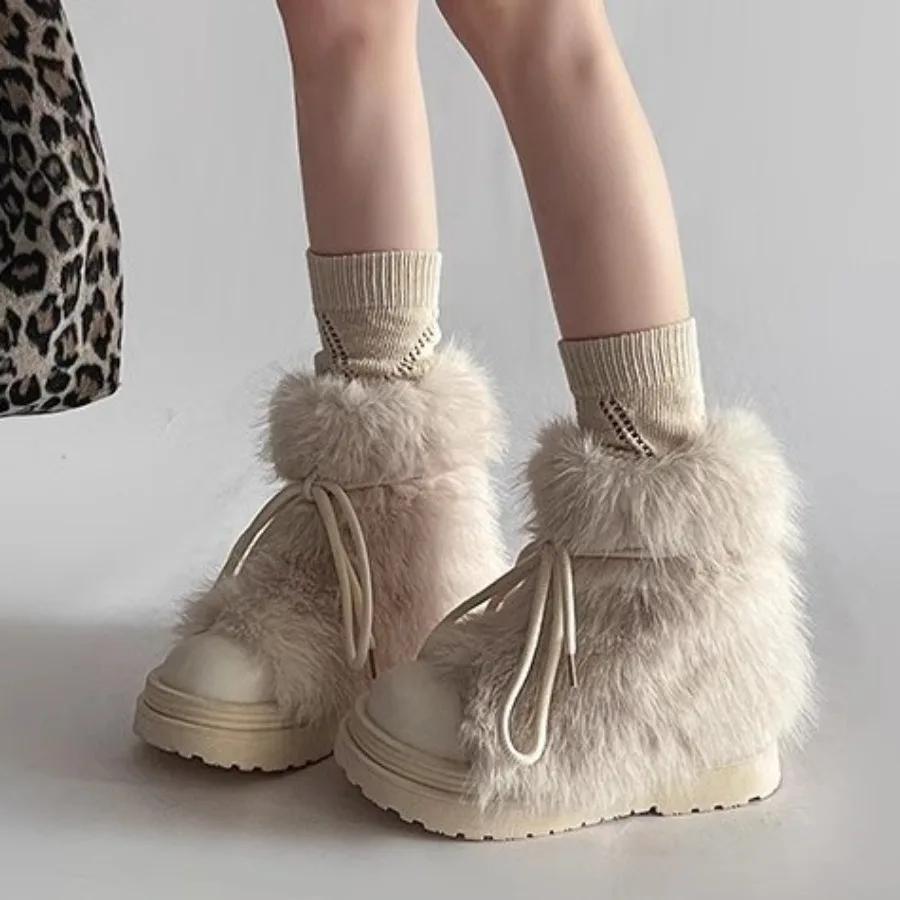 Stylish Faux Fur Women's Winter Snow Boots, Anti-Slip Thick Bottom Snow Boots with Plus Velvet and Big Head Cotton Boots