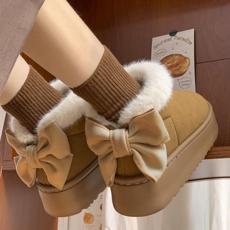 thick-soled cotton slippers, indoor warm and velvet snow boots in autumn and winter, and home bows and all-inclusive cotton shoes.