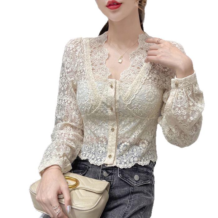 Chic Lace Crocheted V-neck Women's Shirt - Autumn/Winter Casual Fit