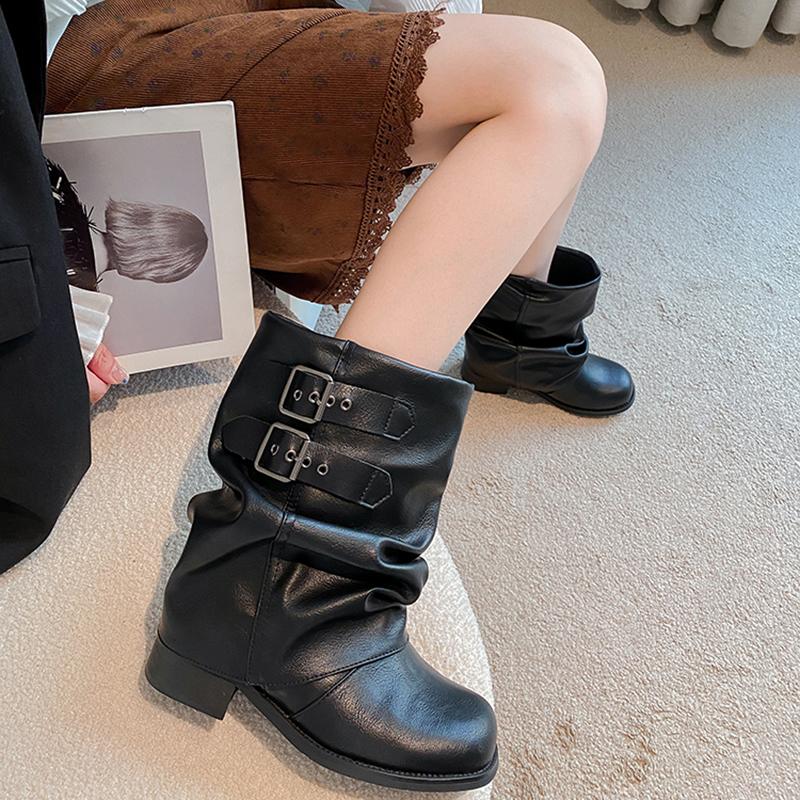 Autumn Vintage Thick Heel Women Western Cowgirl Boots Fashion Belt Buckle Ladies Elegant Slip On Mordern Short Booties
