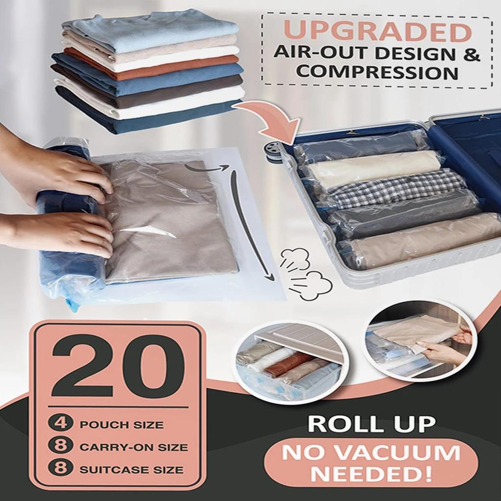 20  Multiple Sizes Vacuum Storage Bags Hand Roll Durable Space Saver Bags For Clothes Clothing Travel Moving Must Have Organizer