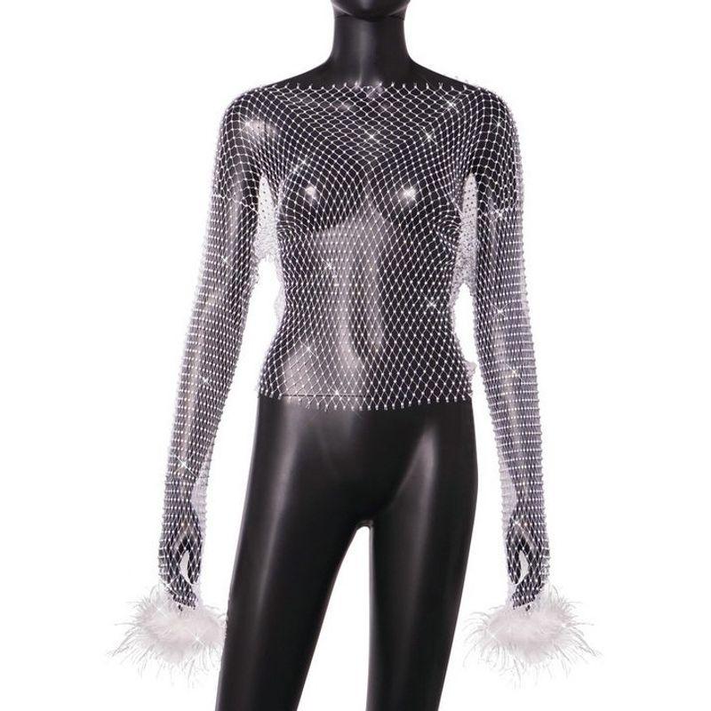 INS Style 2024 European and American Unique and Elegant New Arrival Rhinestone Mesh Cut Out Long Sleeves Women's Solid Color T-shirt Top