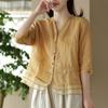 New retro cotton and linen shirt women's literary cardigan embroidered shirt temperament splicing design sense thin top