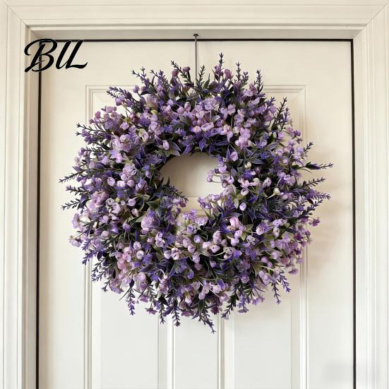 Décoration Lavande Fausse Couronne Artificielle pour Porte d'Entrée Printemps Été Arrangement de Fleurs Simulées Violettes Fausses Mur Intérieur Extérieur Porche Fenêtre
