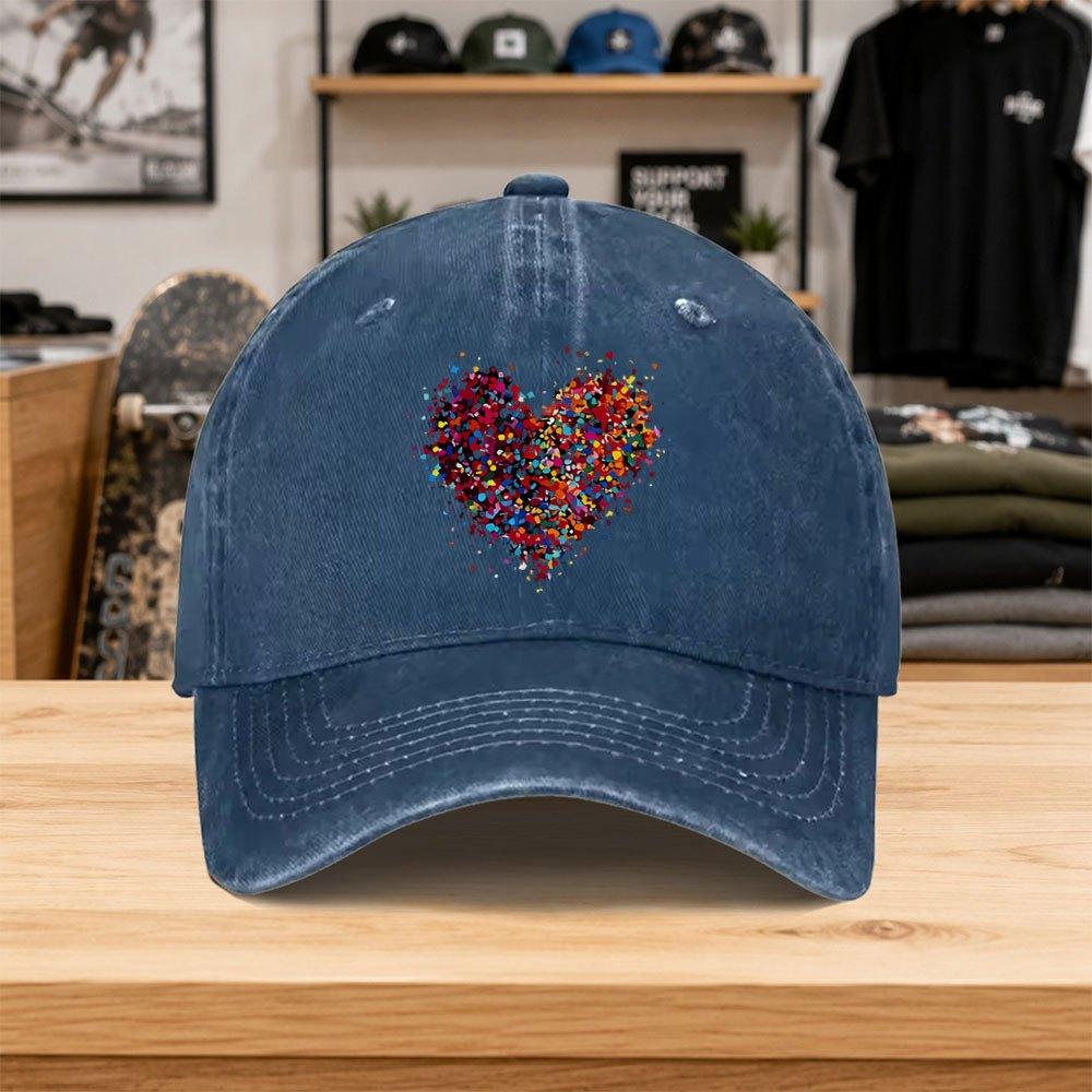 1pc New Colorful Heart Print Washed Baseball Cap Premium Versatile Outdoor Accessory Unisex Duckbill Cap Fashionable Trendy C