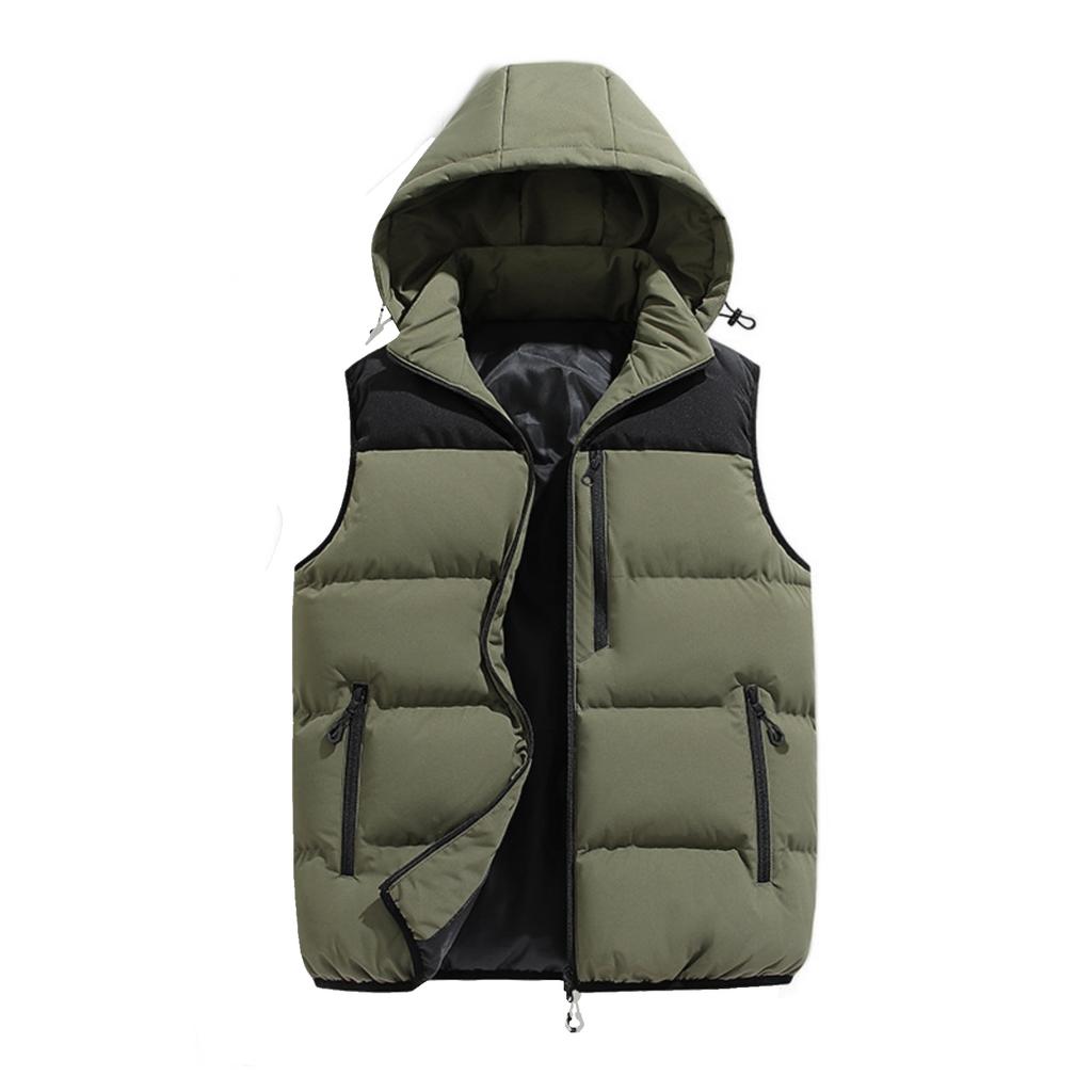 Men's Casual Loose Color-blocked Cotton Warm Jacket, Men's Detachable Cap Sleeveless Vest Jacket