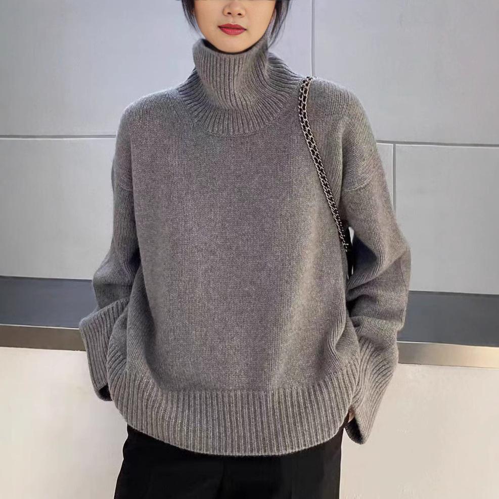 Gray High Collar Women's Knit Sweater: 2026 Autumn/Winter Loose, Thickened, Lazy Korean Style Base Layer