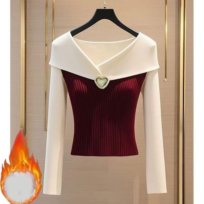 

Элегантный осенний пуловер с V-образным вырезом в корейском стиле, женский свитер приталенного силуэта, женский трикотажный топ с длинным рукавом, осенняя повседневная зимняя трикотажная одежда One size