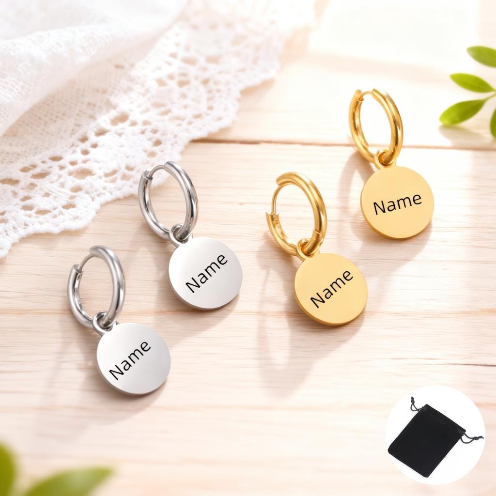 Customized Name Date Simple Round Pendant Women's Earrings Stainless Steel Personalized Fashion Solid Round Earrings Jewelry