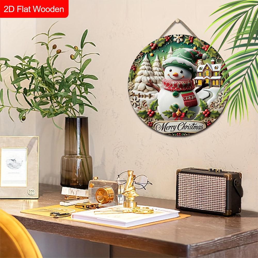 Weihnachts-Holzschild mit entzückendem Schneemannmuster - Frohe Weihnachten Rundes Schild für Haustür, Wandbehang-Dekor - Ideale Weihnachtsdekoration