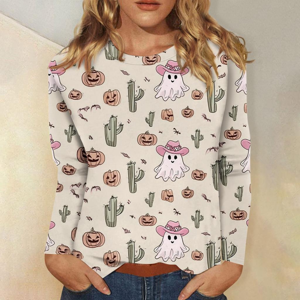 Women's Fashion Casual Halloween Printed Round Neck Long Sleeve Pullover Top