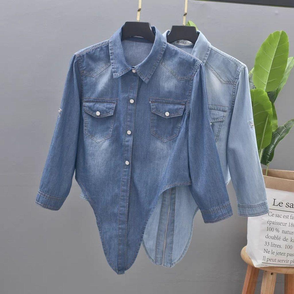 Camicia di Jeans Casual da Donna con Stampa 3D e Colletto Polo per la Moda Primaverile