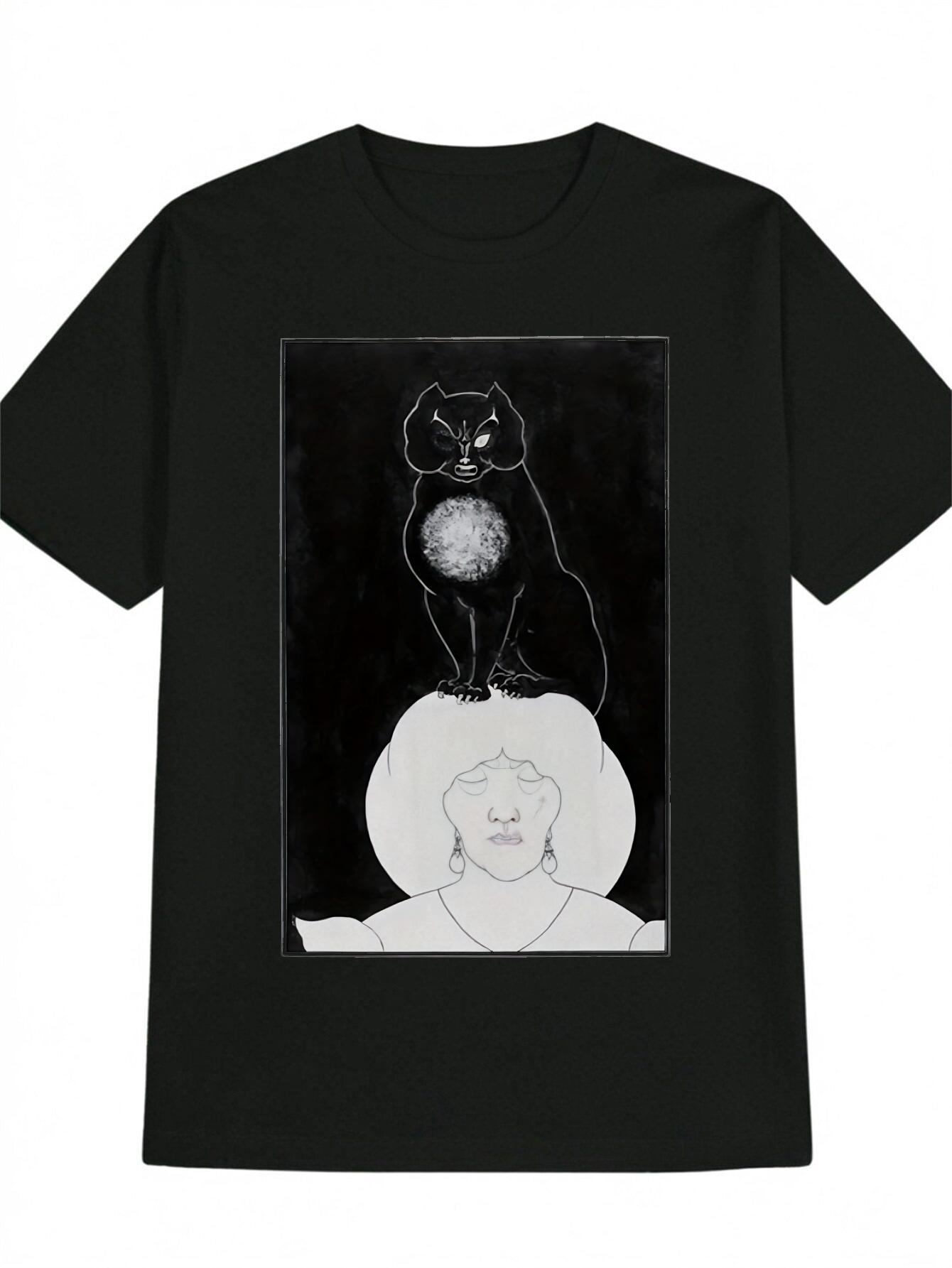 Summer Casual Crew Neck Polyester Graphic T-shirt - Black with White Cat & Woman Design XXXXL