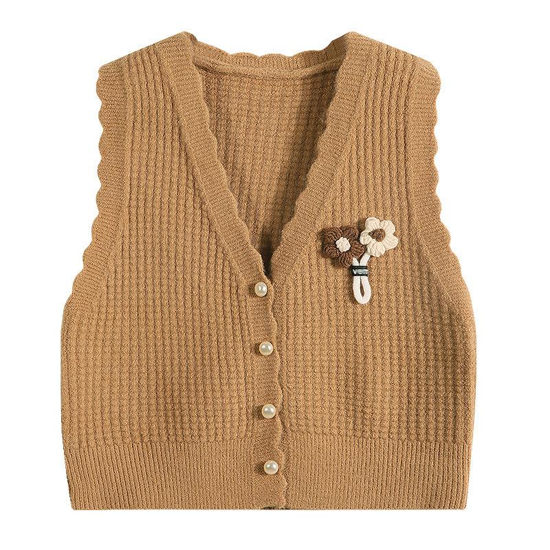 Spring and Autumn Fashionable Small Flower Short Knitted Vest Women's Sweater Vest