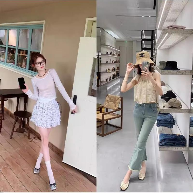 Sheepskin version~ Splicing square head with one pedal bow single shoes women's flat leather ballet shoes