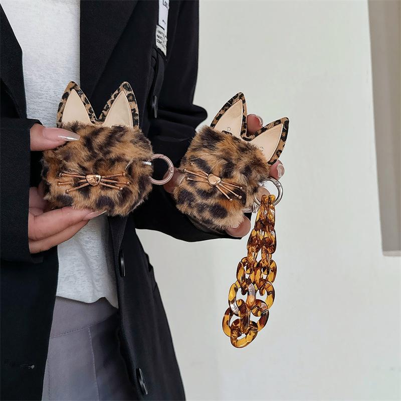 Autumn and winter plush leopard print cat suitable for airpods4 protective case Apple bluetooth pro2 3rd generation earphone cover cute