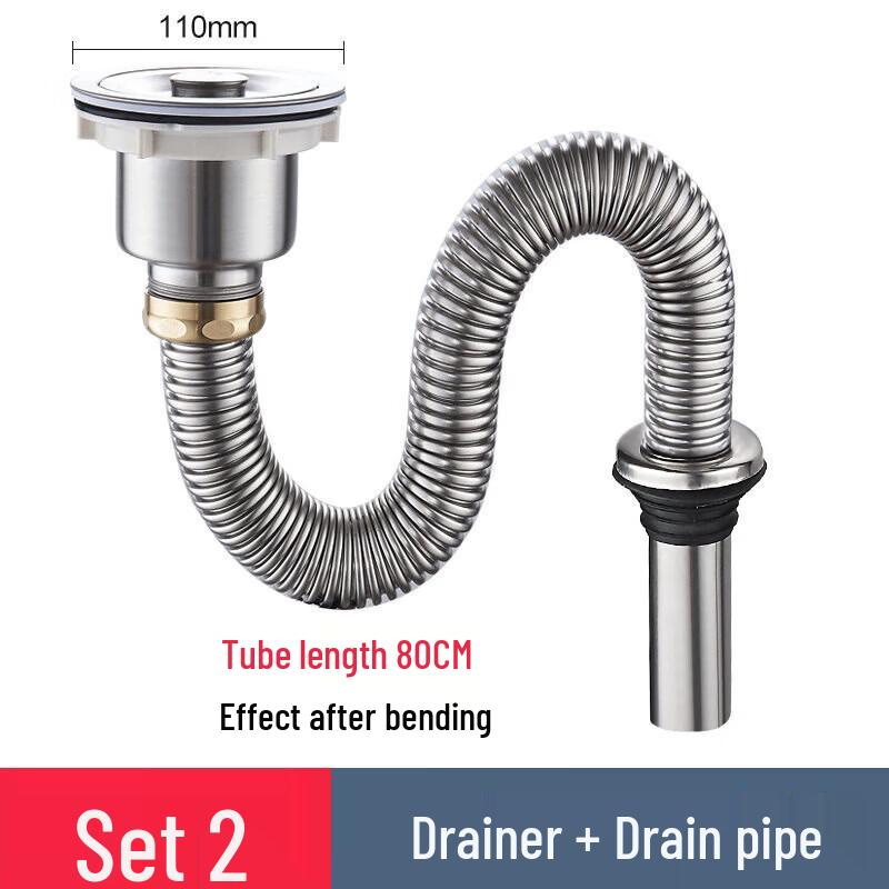 Stainless Steel Single Bowl Sink Drain Pipe & Drainer Set