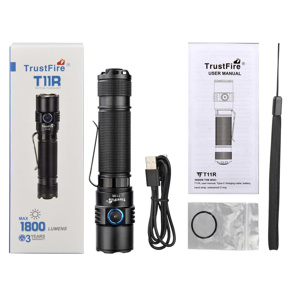 TrustFire T11R Rechargeable Flashlight, Powerful 1800 Lumens, Tactical LED Flashlight for Military Use, Compact, Type-C USB Rechargeable, High-Capacit