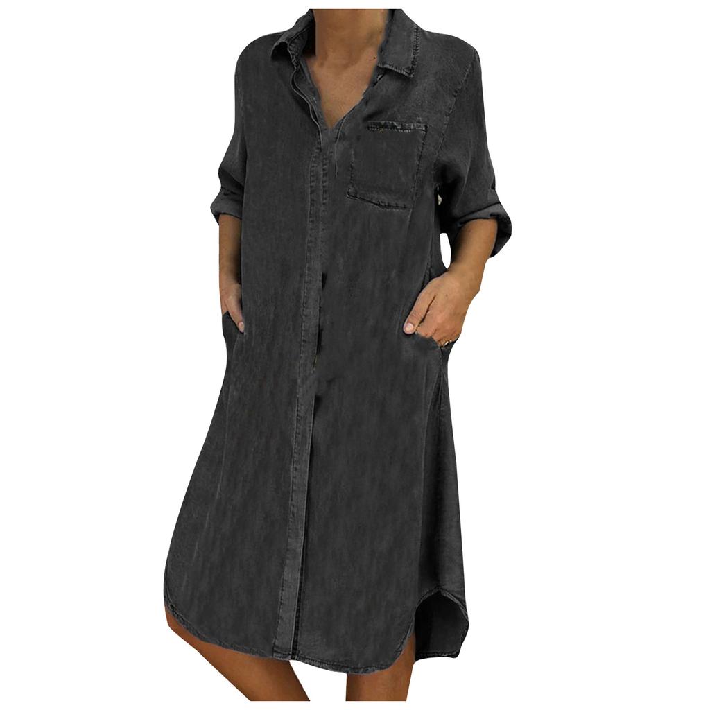 Women's Fashion Casual Color Lapel Single-Breasted Panel Straight Long Sleeve Loose Pocket Cotton Shirt Dress