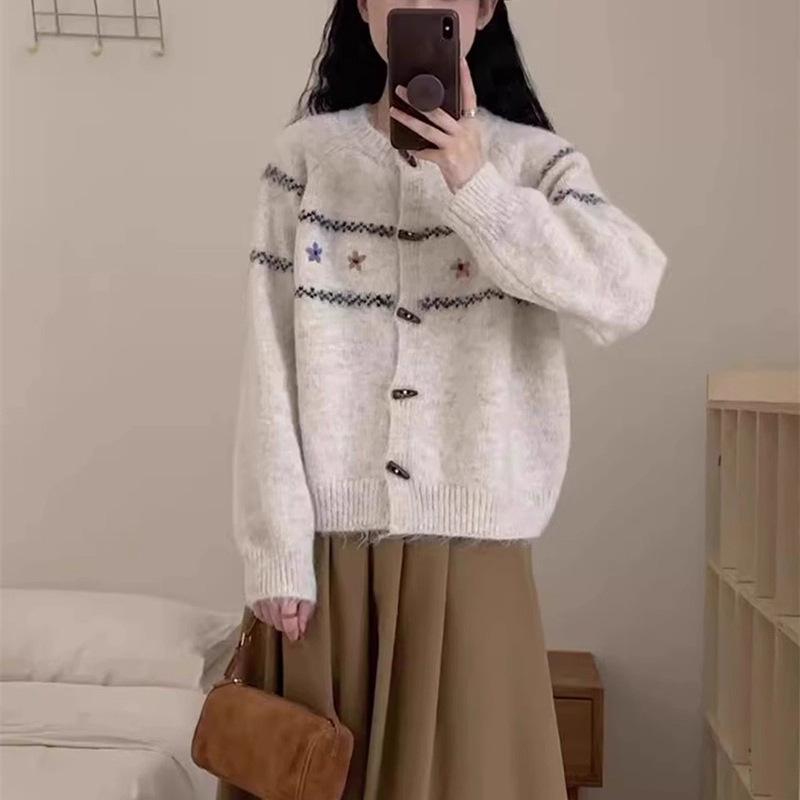 

Retro horn button sweater jacket for women s autumn and winter new embroidered gentle wind loose soft waxy knitted cardigan for women One size