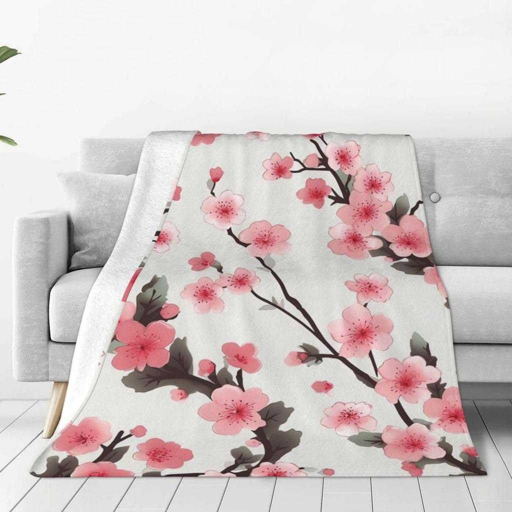 Cherry Blossom Throw Blanket Branches Flower Print Fleece Flannel Blanket Japanese Style Soft Fuzzy Blanket for Sofa Couch Bed