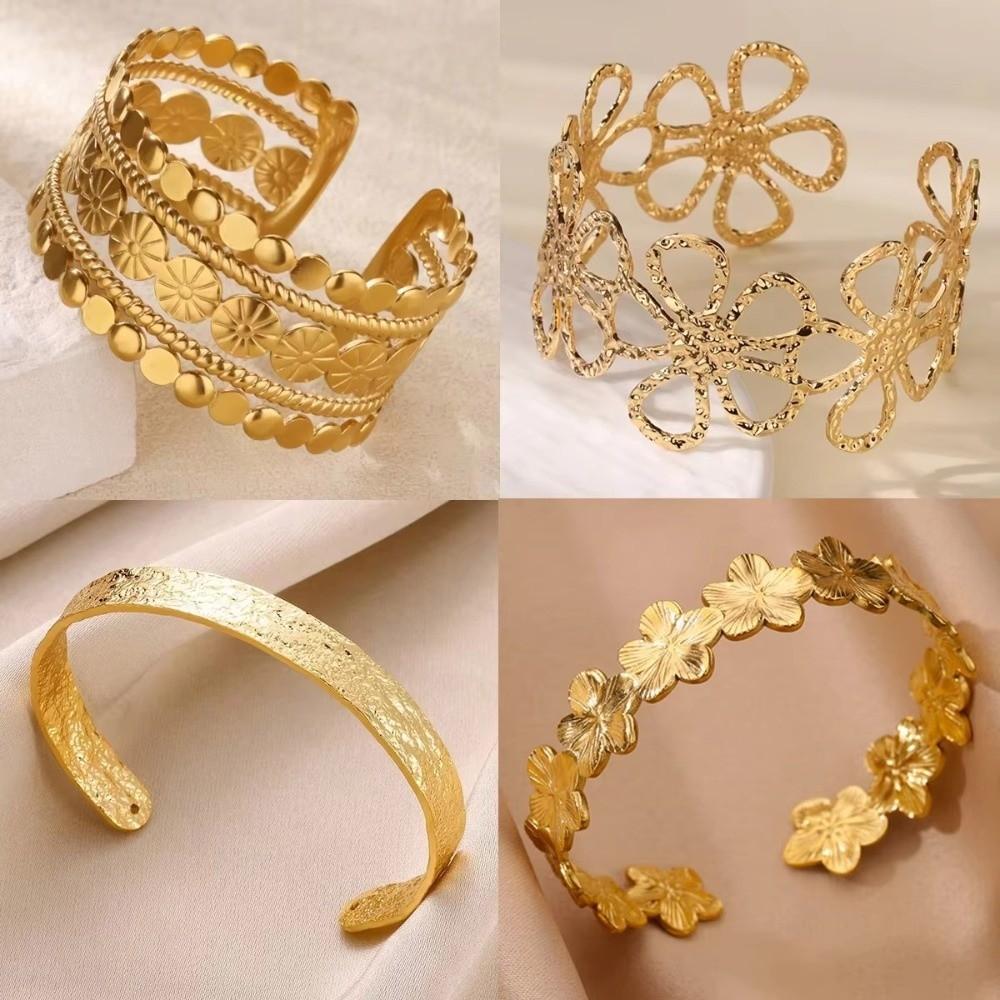 Flower Chunky Cuff Bangle Gold Color Open Cuff Bangle Flower Cuff Bangle Party Accessories Gifts