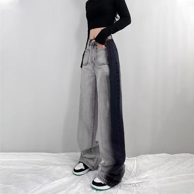 Women's High-Waist Black & Gray Wide-Leg Jeans - Personalized Summer Casual, Slimming, All-Match, Floor-Length Design.