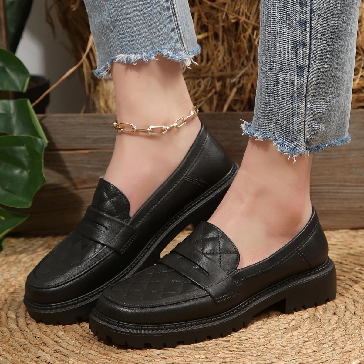

Leather Thick Bottom Slip On Concise Design Autumn Summer Shoes Loafers Flat Platform Leather 40 чёрный