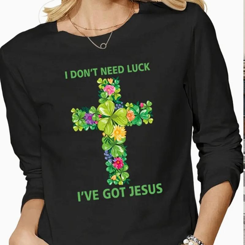 

Топы для женщин с принтом клевера и креста, с круглым вырезом и длинным рукавом, футболка, осенний повседневный тонкий пуловер, женский топ с длинным рукавом 8XL чёрный