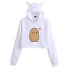 Cartoon Spud Potato Cat Ears Print Cropped Hoodie for Women