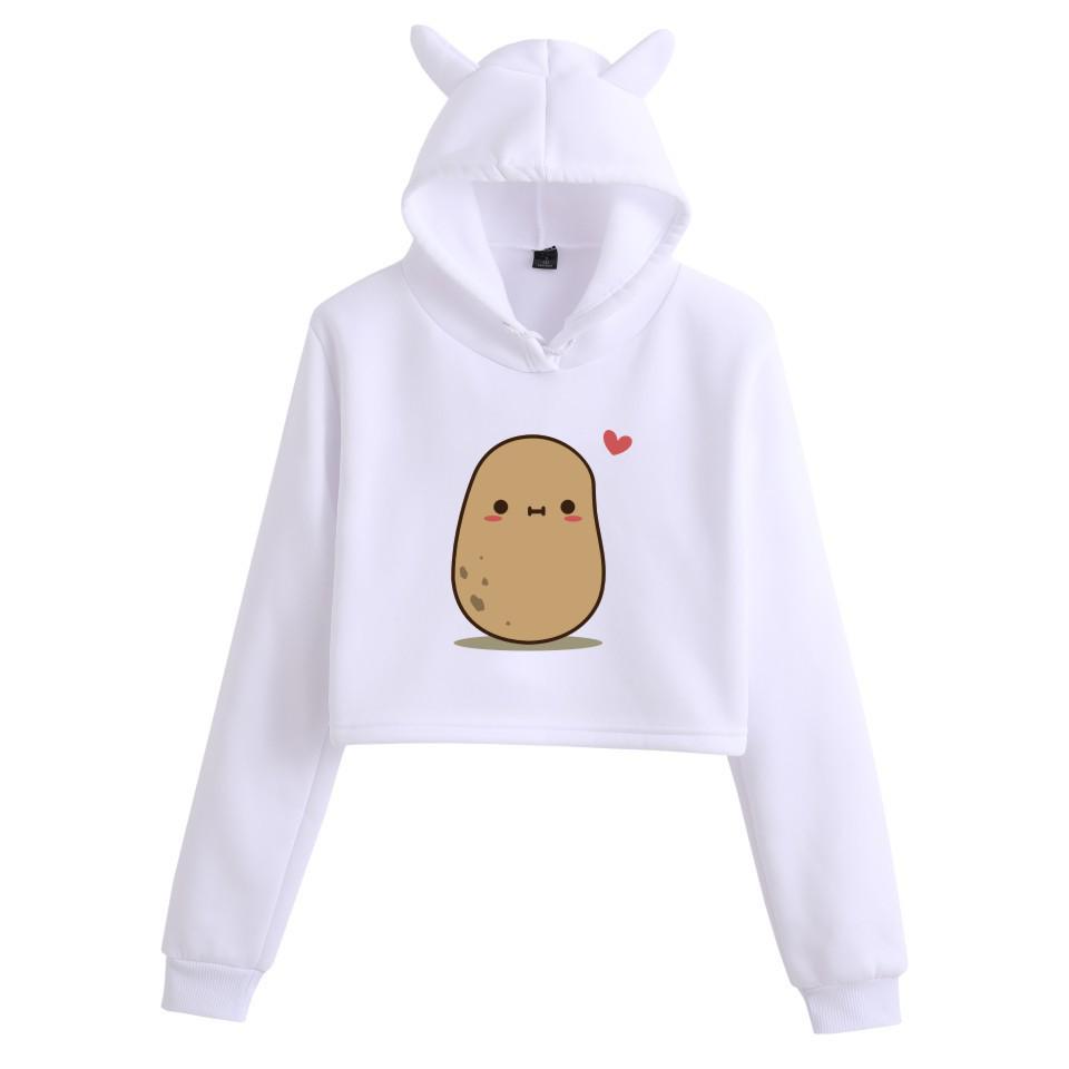 Cartoon Spud Potato Cat Ears Print Cropped Hoodie for Women
