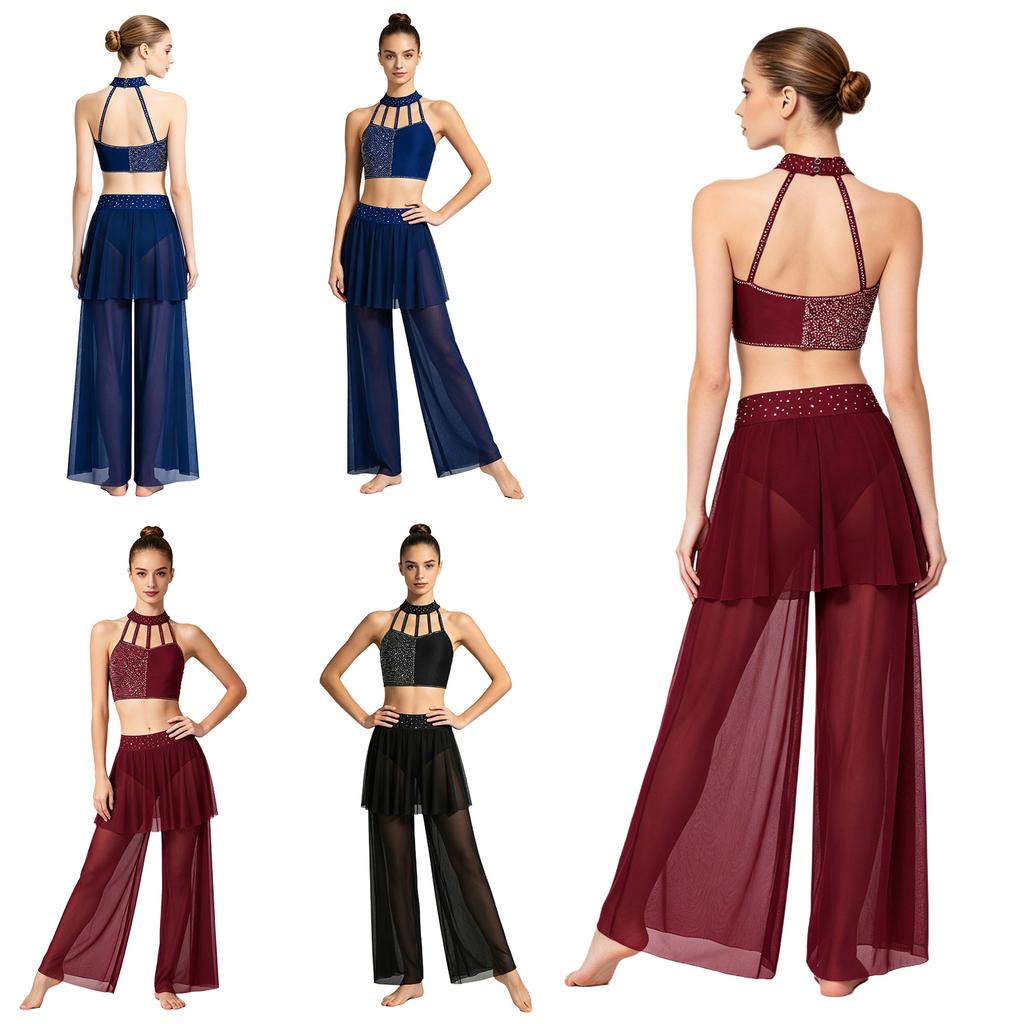 Completo Danza Lirica da Donna Crop Top con Strass e Spalline a Collo Alto Pantaloni a Gamba Larga in Rete Gonna Dancewear