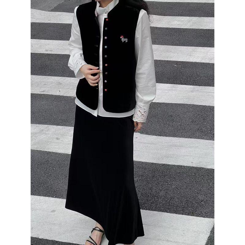 

Embroidered Pony Badge! Age-Reducing Women Gold Velvet Stand Collar Pink Lining I-Shaped Vest All-Match Stacked New Outerwear Black L