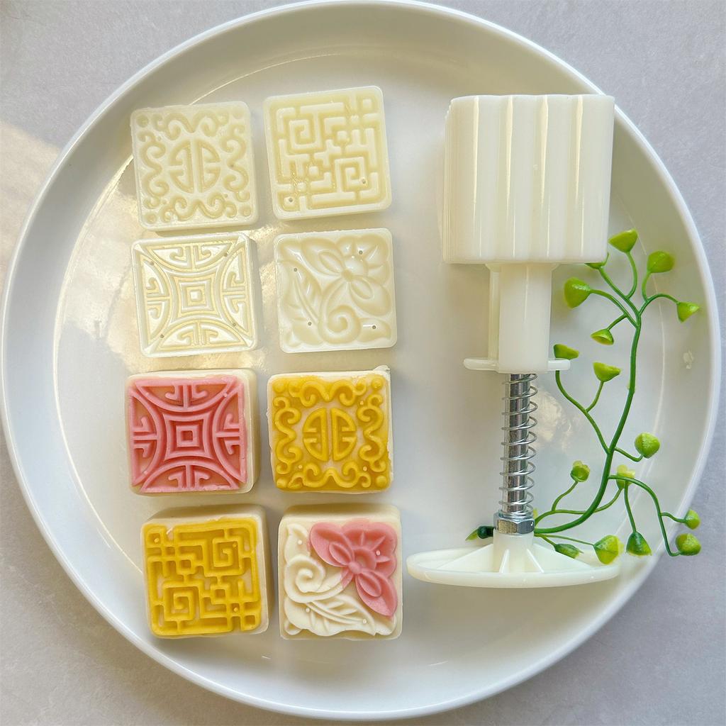 Pohodlná čtvercová forma na pečivo, multifunkční formy na mooncakes se 4 různými vzory, uměleckým reliéfem