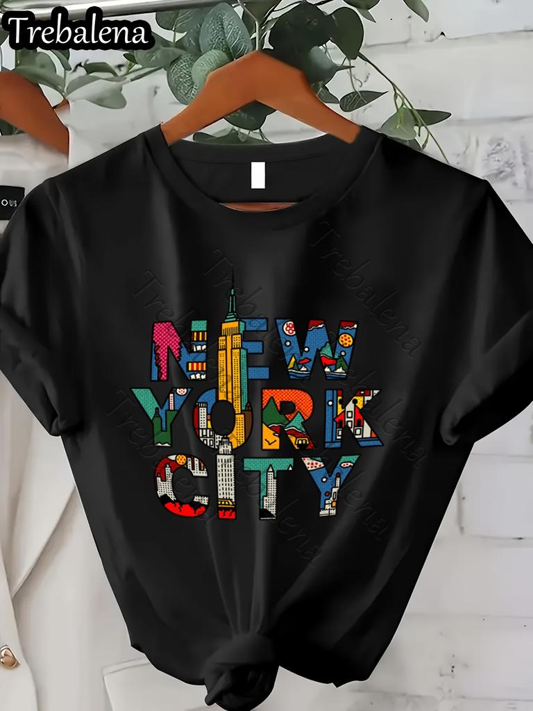 Ladies casual pure cotton Tshirt New York City letter print round neck short sleeved all season universal